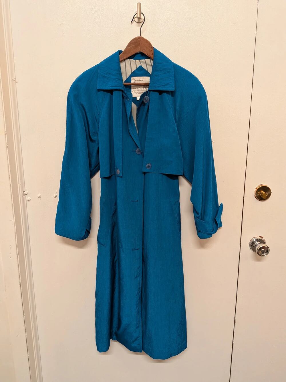 Vintage London Towne Long Belted Trench Coat In Blue, Size 10